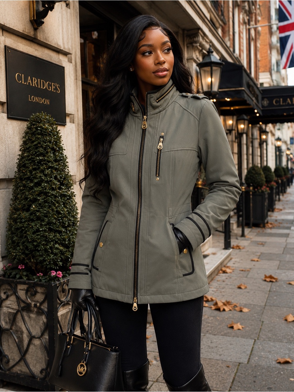 Michael Kors Olive Utility Jacket with Black Trim
